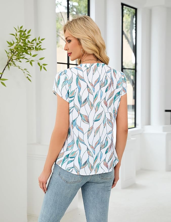 Blooming Jelly Women's Dressy Casual Tops Business Work Blouses White Button Down Shirts Cap Sleeve V Neck Tshirt