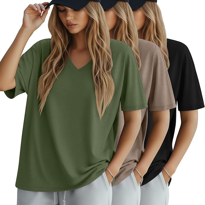 Huukeay Women's Cotton Oversized T Shirts 3 Pack V Neck Loose Fit Half Sleeve Tops Baggy Casual Summer Gym Workout Tees 2026