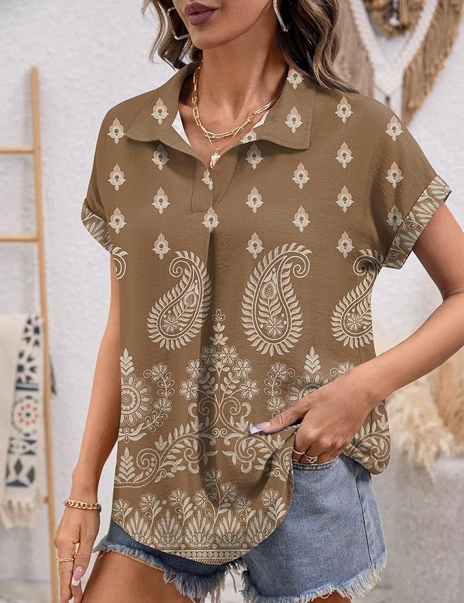 LOMON Women Blouses Spring Summer Tops for Women 2026 Short Sleeve V Neck Dressy Casual Collared Shirts Work Office