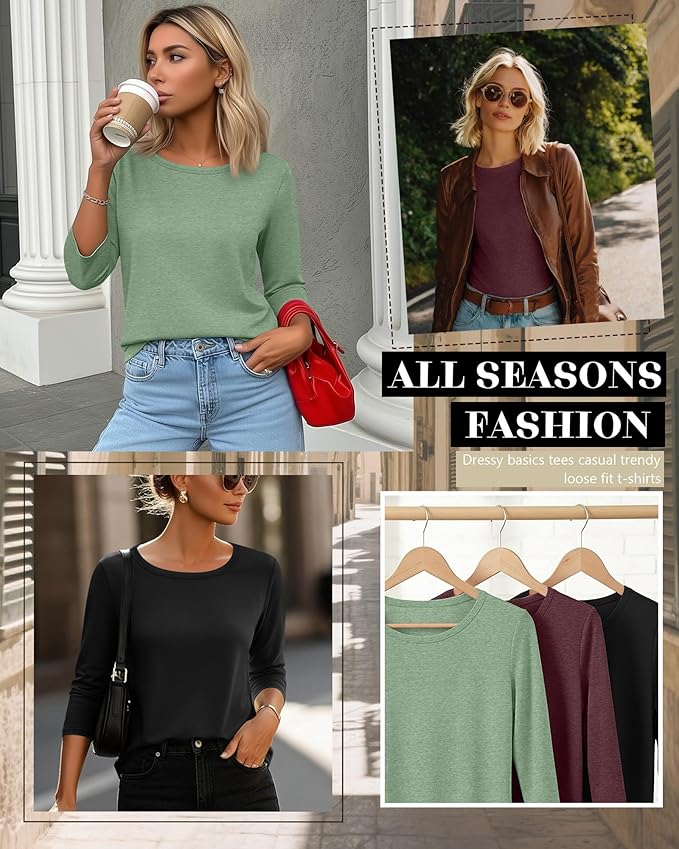 Ficerd 3 Pack 3/4 Sleeve Tops for Women Round Neck Dressy Basics Tees Casual Trendy Loose Fit T Shirts