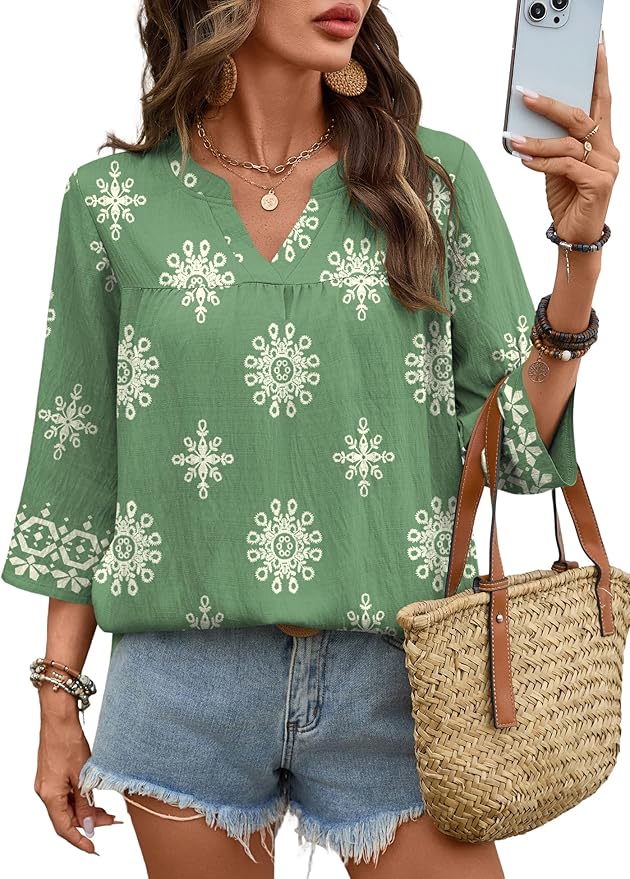 Rapbin Womens 3/4 Sleeve V Neck Floral Print Pleated Blouses for Women Dressy Casual Loose Fit Tops