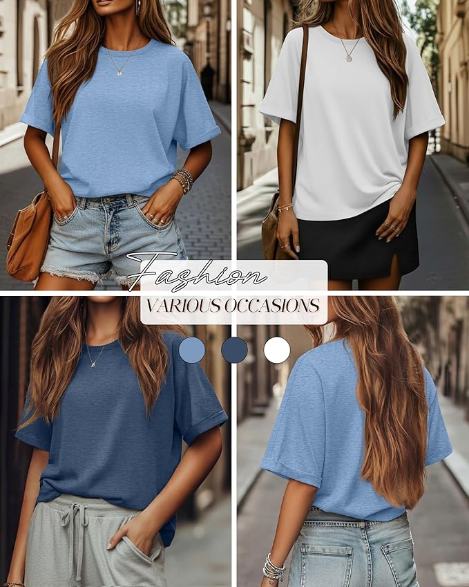 Riyiper 3 Pack Women's Oversized T-Shirt Half Sleeve Summer Tees Casual Loose Fit Crew Neck Basic Tops
