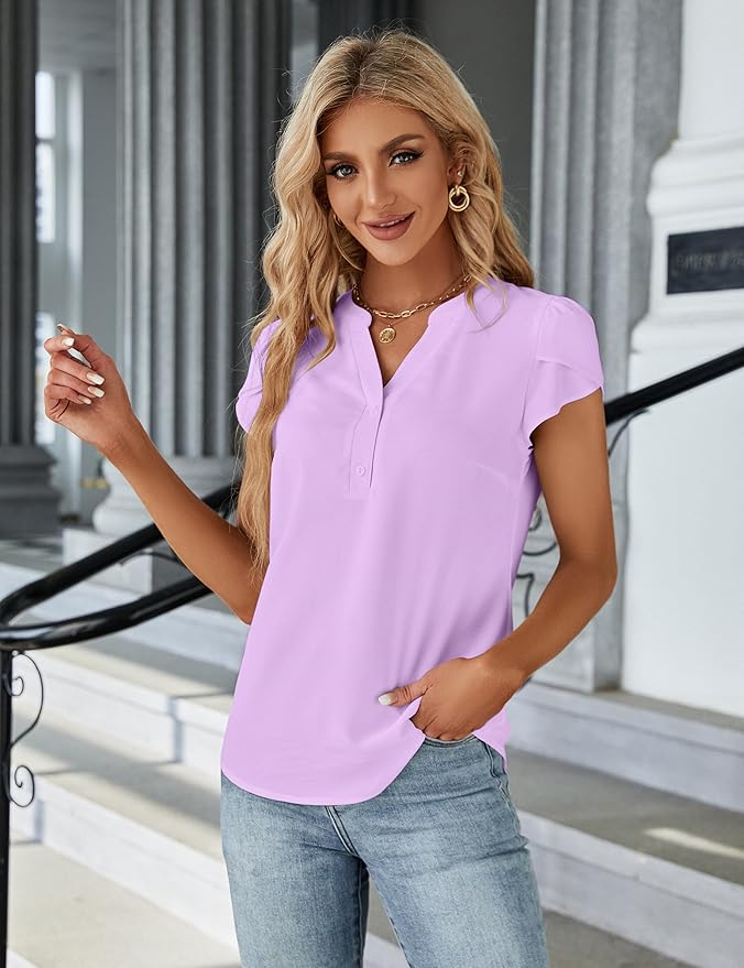Blooming Jelly Women's Dressy Casual Tops Business Work Blouses White Button Down Shirts Cap Sleeve V Neck Tshirt