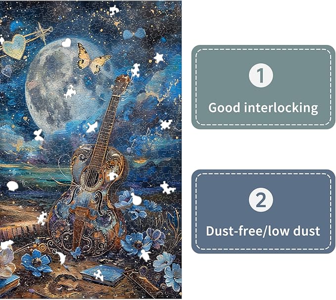 Naturelish Guitar Moon Night Jigsaw Puzzles for Adults 1000 Pieces, Murder Mystery, Unique Brain Challenging Shaped Puzzle for Game Night, Family, Friends, Size 26.6x19.2