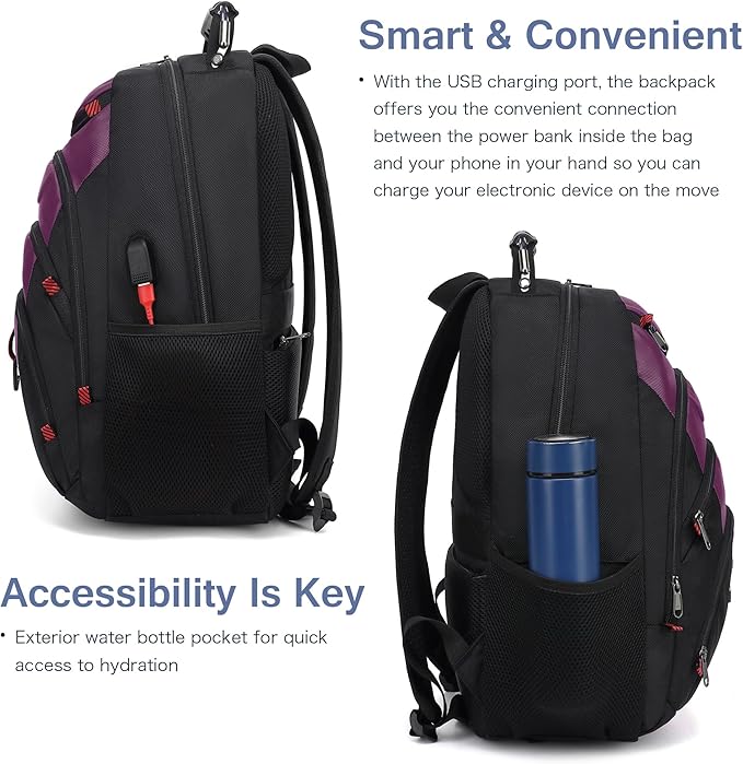 Boavan Laptop Backpack for men, 15.6 inch Laptop Bag with USB Port, Waterproof Travel Work Backpack Purse, Anti-Theft Teacher Nurse Doctor Casual Bookbags Office Business backpack，Purple Black