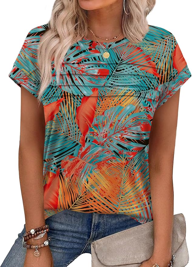 WEESO Womens Summer Tops Trendy 2026 Cap Sleeve T Shirts Crew Neck Pleated Front Beach Vacation Clothes Fashion