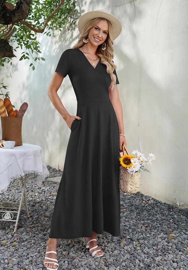 AUSELILY Maxi Dresses for Women Ankle Length Floral Print Beach Long Flowy Dress with Pockets