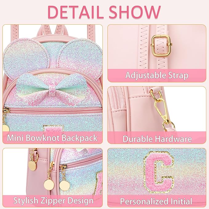 KKXIU Initial Bowknot Mini Backpacks for Girls Women, Small Cute Backpack Purse, Personalized Valentines Day Gifts for Toddler, Kids and Teen Girls(C, Rainbow)