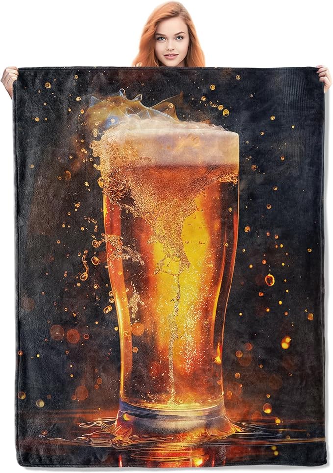 Beer Glass Art Blanket, Beer Splash and Bubbles Flannel Throw Blankets,Soft Warm Lightweight Cozy Plush Throws for Bedroom Sofa Office Home Decor Gifts for Adults Men 60"x50"