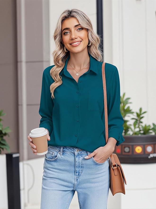 HOTOUCH Button Down Shirts for Women Long Sleeve Blouse Dressy Casual Business Work Tops with Pocket