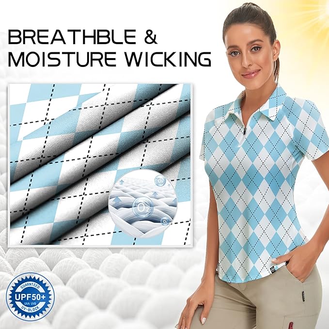 Women's Golf Shirt Short Sleeve Tennis Shirt Quarter Zip Golf Pullover Golf Polo Shirts Argyle Tops