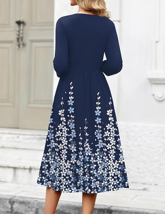 Zeagoo 3/4 Sleeve Women's Dress Casual Flowy A-Line Midi Tshirt Dresses with Pockets Crewneck Vocation Boho Beach Sundress