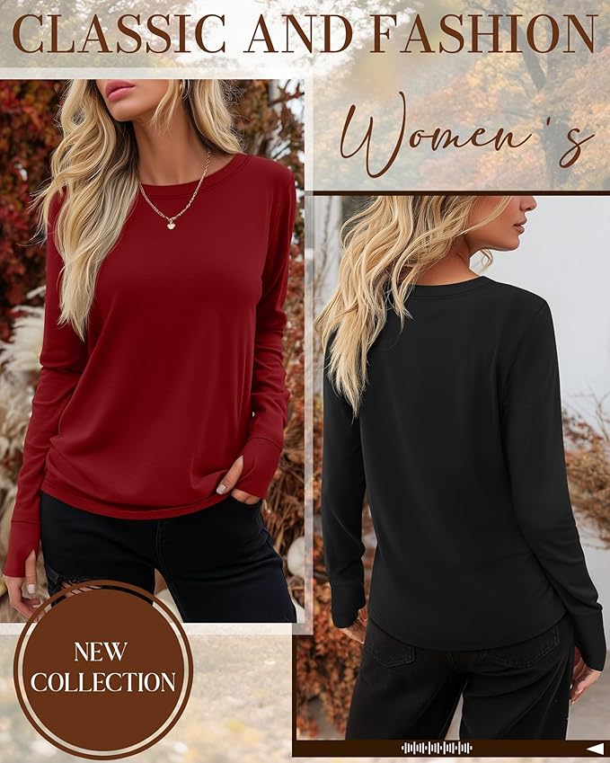 Huukeay 3 Pack Women's Long Sleeve Shirts with Thumb Holes, Cotton Casual Crew Neck Tunic Tops Fall Loose Y2k Trendy Outfits