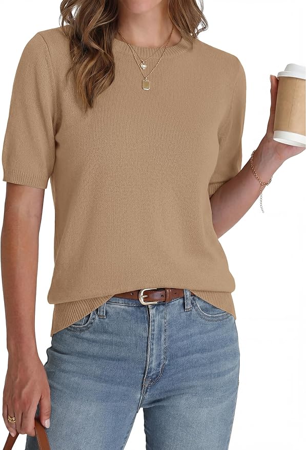 BTFBM Short Sleeve Sweater for Women Spring Tops Crew Neck Lightweight Pullover Loose Dressy Casual Blouse Basic Clothes