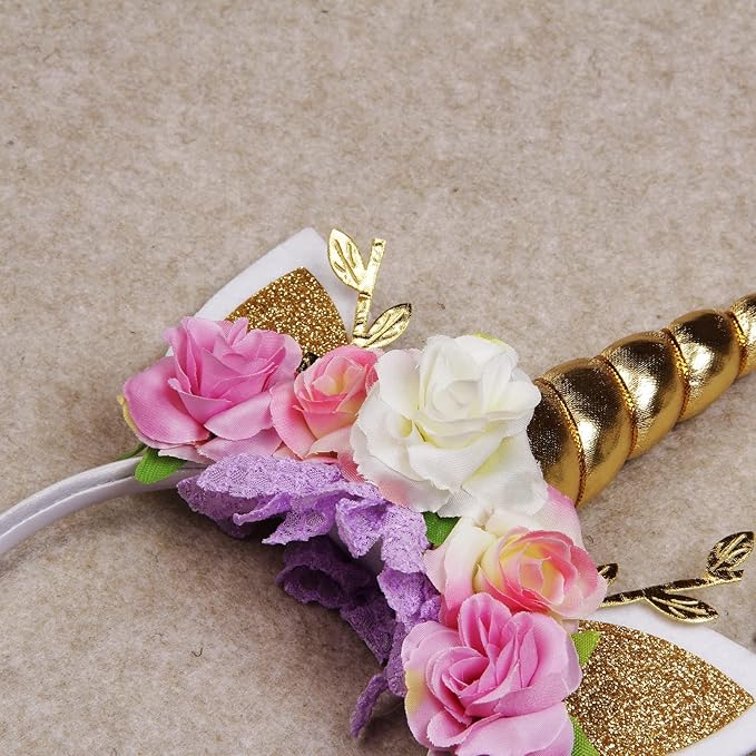 Nishine Unicorn Horn Floral Headband Glitter Ears Pony Head Bands Tiara for Girls Party Birthday Cosplay