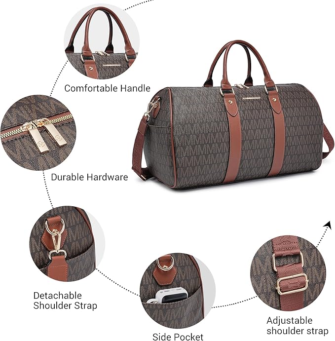 Women PU Leather Monogrammed Duffel Bag for Men- Scratch-Resistant Waterproof, Multi-Pocket Design, Large Capacity Carry-On for Gym Yoga Work Travel Weekender
