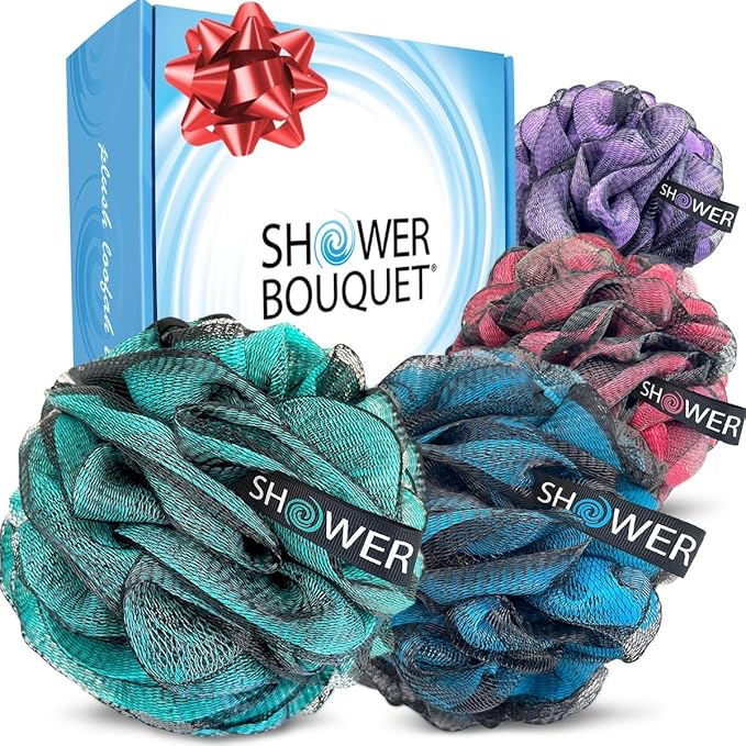 SHOWER BOUQUET Loofah-Charcoal Bath-Sponge XL-Color-4-Pack // Extra Large 75g Soft Mesh Black Luffa Loofa Loufa Puff Set/Exfoliating Body Scrubber for Women and Men - Exfoliate & Soothe Face & Body