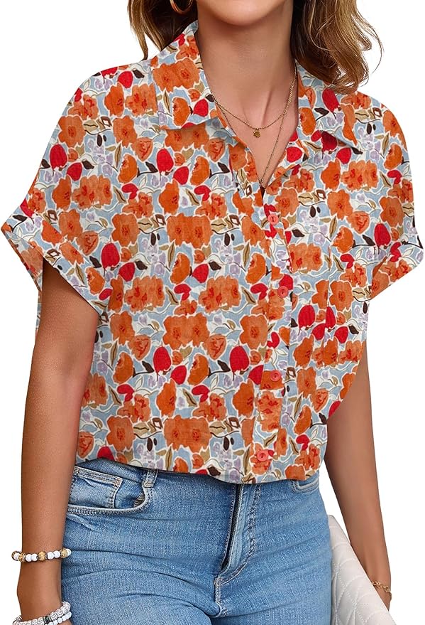 Womens Button Down Shirt Casual Short Sleeve Collared Work Blouse with Pocket