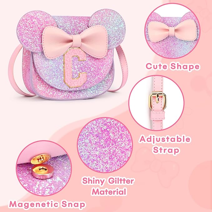 mibasies Toddler Purse Girl Gifts: Girls Birthday Gifts for 3-8 - Toys for Ages 2-4 Girls Mouse Ears Purse, Purple Rainbow, Letter C