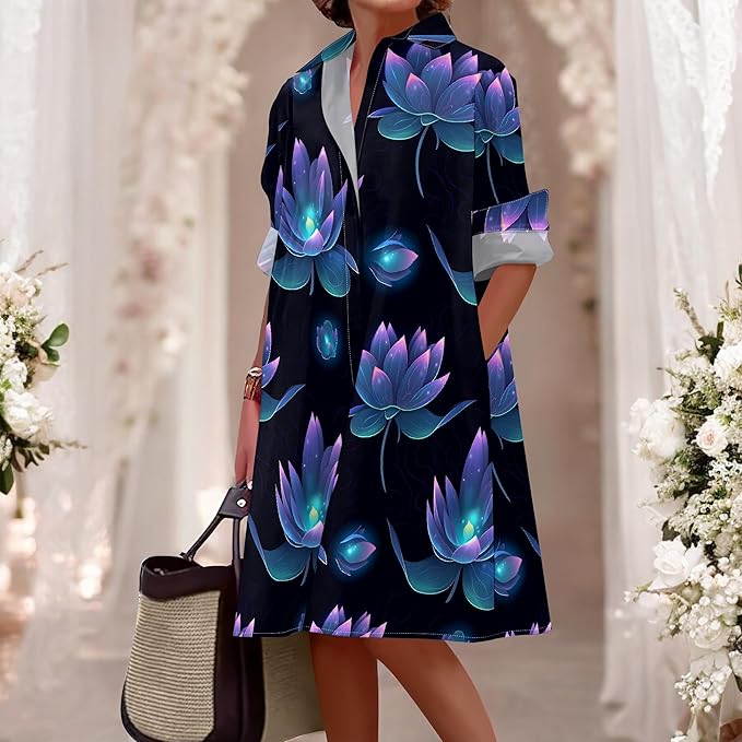 Shirt Dresses for Women 2025 Summer Long Sleeve Casual Plus Size Floral Printed Beach Vacation Dress with Pockets