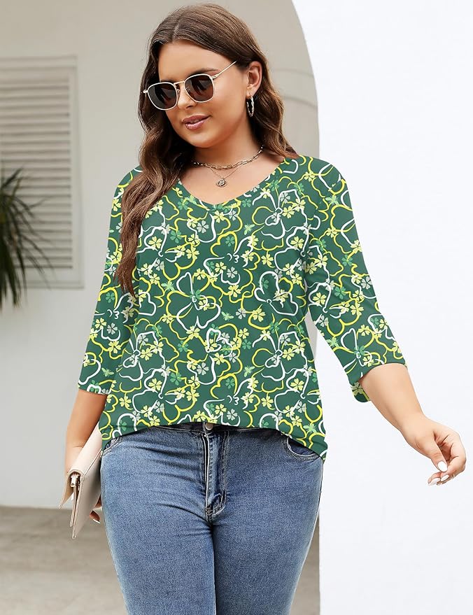 TFSDOD Womens Plus Size Tops V Neck T Shirts 3/4 Sleeve Blouse Summer Casual Tees XL-5X