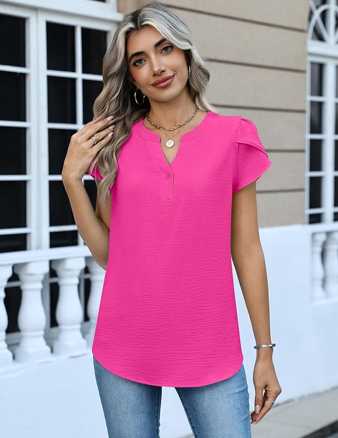 Zeagoo Womens Tops Dressy Casual Textured Blouses Cap Short Sleeve Shirts V Neck Button Up Summer Spring Work Tshirt Clothes