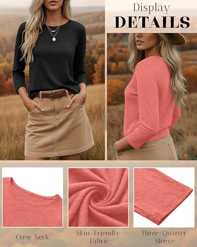 Ficerd 3 Pack 3/4 Sleeve Tops for Women Round Neck Dressy Basics Tees Casual Trendy Loose Fit T Shirts