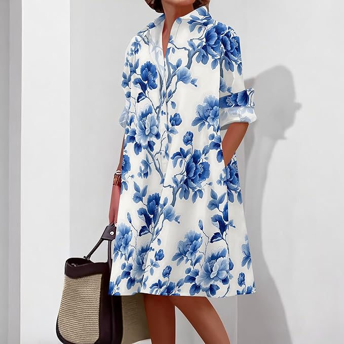 Shirt Dresses for Women 2025 Summer Long Sleeve Casual Plus Size Floral Printed Beach Vacation Dress with Pockets