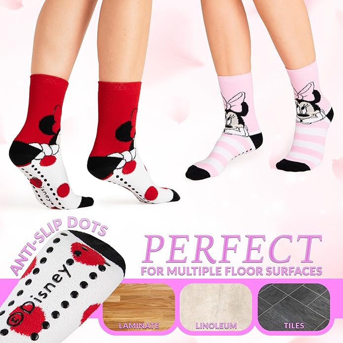 Disney Slippers Socks for Women & Teens US Size 4-9, Pack of 2 Non Slip Fleece Winter Socks, Soft & Fluffy, Gifts for Her
