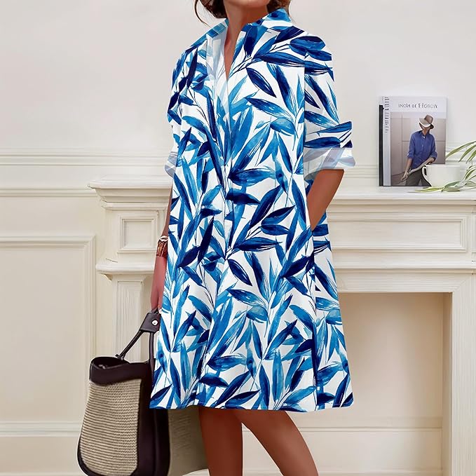 Shirt Dresses for Women 2025 Summer Long Sleeve Casual Plus Size Floral Printed Beach Vacation Dress with Pockets