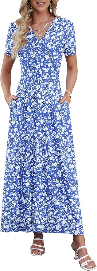 AUSELILY Maxi Dresses for Women Ankle Length Floral Print Beach Long Flowy Dress with Pockets