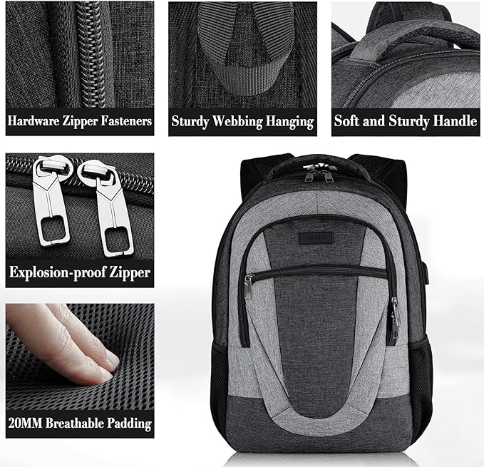 Backpack for Men and Women, Extra Large School Backpacks for Teens, Water Resistant Back Pack with USB Charging Port Fits 17 Inch Laptop, Business Anti Theft Sturdy Computer Bag Gifts, Blackgrey