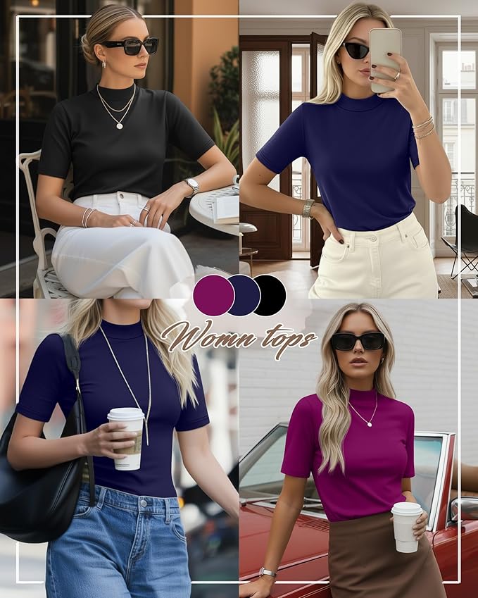 Ficerd 3 Pack Women's 1/2 Sleeve Mock Turtleneck Shirts, Elbow Length Shirt Half Sleeve Tunic Top Casual Summer Basic Tees