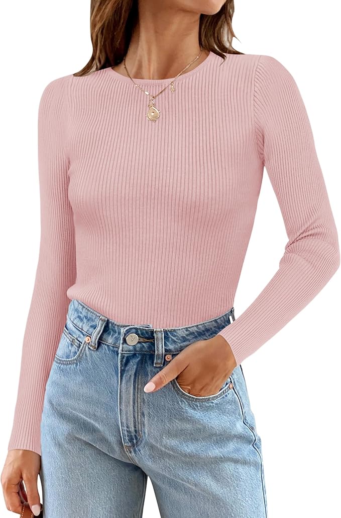 ZESICA Women's Long Sleeve Crewneck Shirts 2026 Fall Ribbed Knit Sweater Slim Fitted Casual Basic Tee Tops