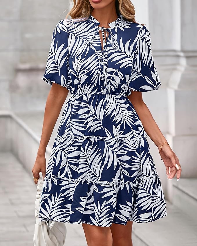 BTFBM Women Summer Floral Short Dresses V Neck Short Sleeve Tiered Ruffle Boho Swing Dress A-Line Mini Dresses