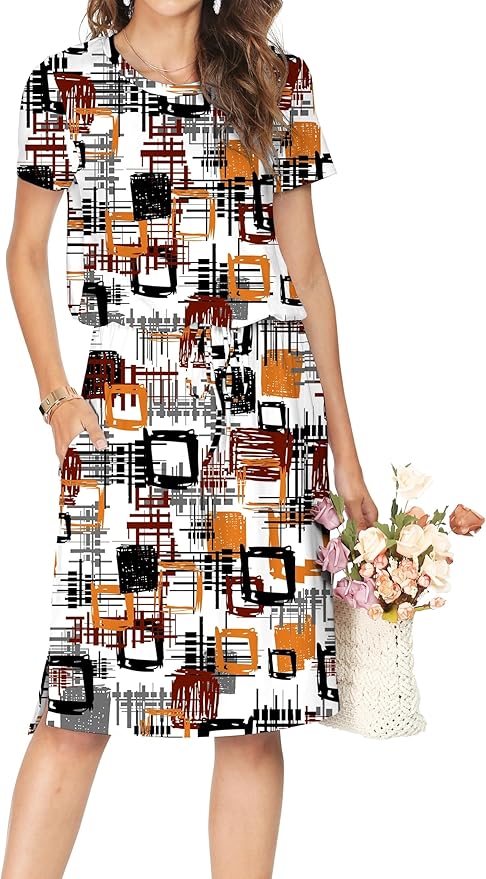 Simier Fariry Womens Spring Hide Belly Knee Length Travel Dress Pocket Summer Short Sleeve Midi Work Casual Outfits