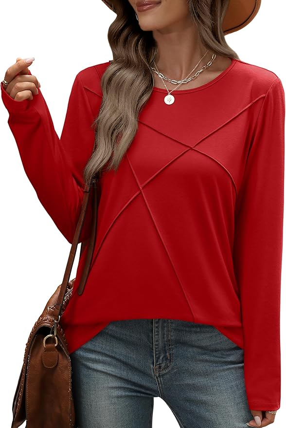 XIEERDUO Long Sleeve Shirts for Women Business Casual Tops Trendy Crewneck Fall T Shirts Pleated Loose Fit