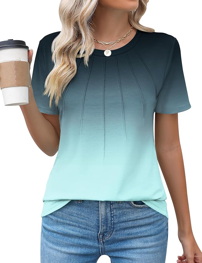 Kistore Womens Casual Crew Neck Short Sleeve Pleated Tops Blouses Fashion Clothes 2026