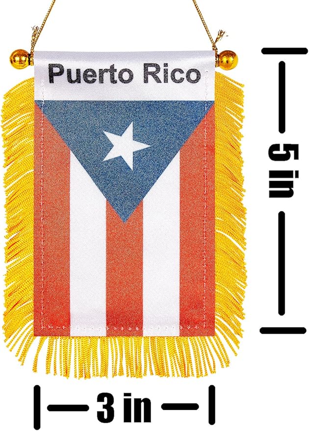 ZXvZYT 3 X 5 Inch Puerto Rico Window Hanging Flag Puerto Rican Small Mini Car Flags Banners Rearview Mirror Decoration - with Suction Cup & Golden Fringy Banner(2 Pack)