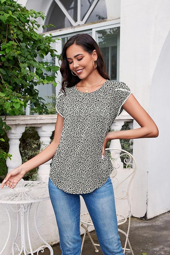 TASAMO Women's Casual Round Neck Basic Pleated Top Cap Sleeve Curved Keyhole Back Chiffon Blouse