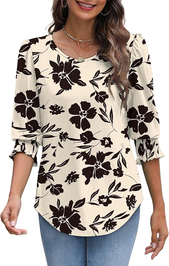 XIEERDUO Blouses for Women Dressy Casual 3/4 Length Sleeve Womens Tops with Smocked Cuffs
