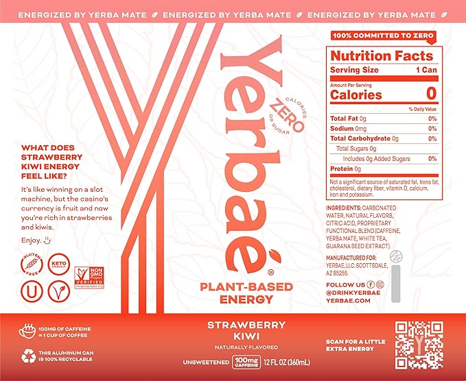 Yerbaé Energy Seltzer - Strawberry Kiwi, No Sugar/Calories/Carbs. Energized by Yerba Mate, Naturally Caffeinated Plant-Based, Healthy Alternative to Coffee/Sugary Sodas, Pack of 12, 12oz cans