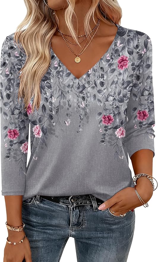 Zeagoo 3/4 Length Sleeve Womens Tops V Neck Shirt Dressy Casual Blouse Basic Tshirts 2026 Fashion Clothing S-2XL