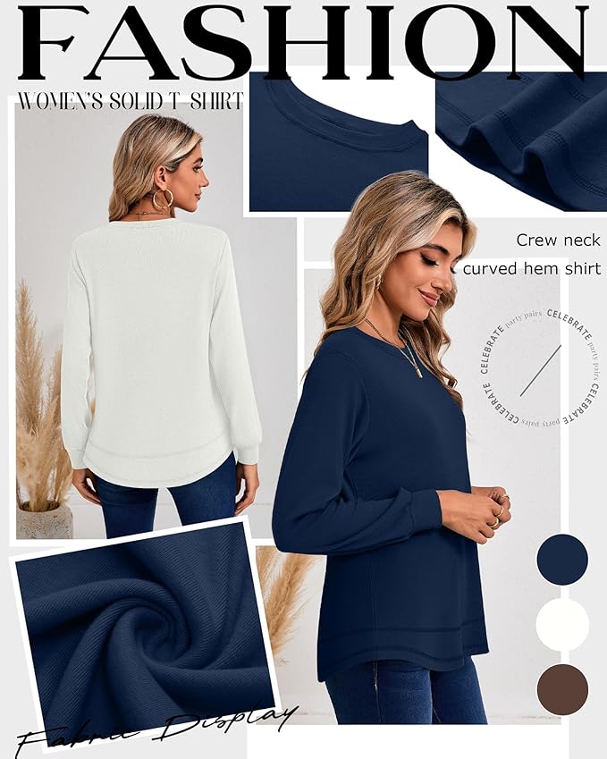 Ficerd 3 Pack Women's Long Sleeve Shirts, Cotton Crew Neck Tunic Tops Casual Loose Fit Pullover Sweatshirts Curved Hem Shirts