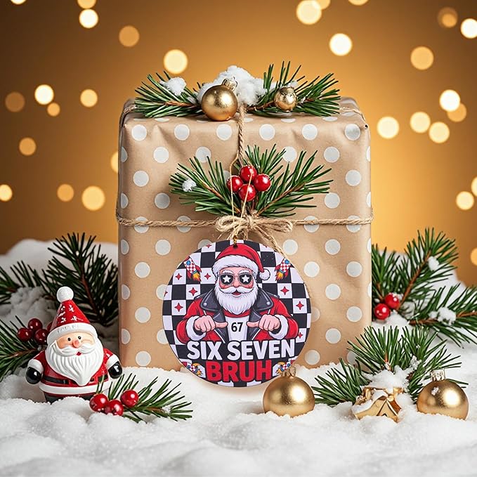 67 Funny Christmas Ornament – 67 Meme Santa Says Six Seven Bruh, Funny Teen Slang Santa Ornament, Double-Sided Wood UV Print, Viral Christmas Decor Gift for Gen Z Teens Boys Girls
