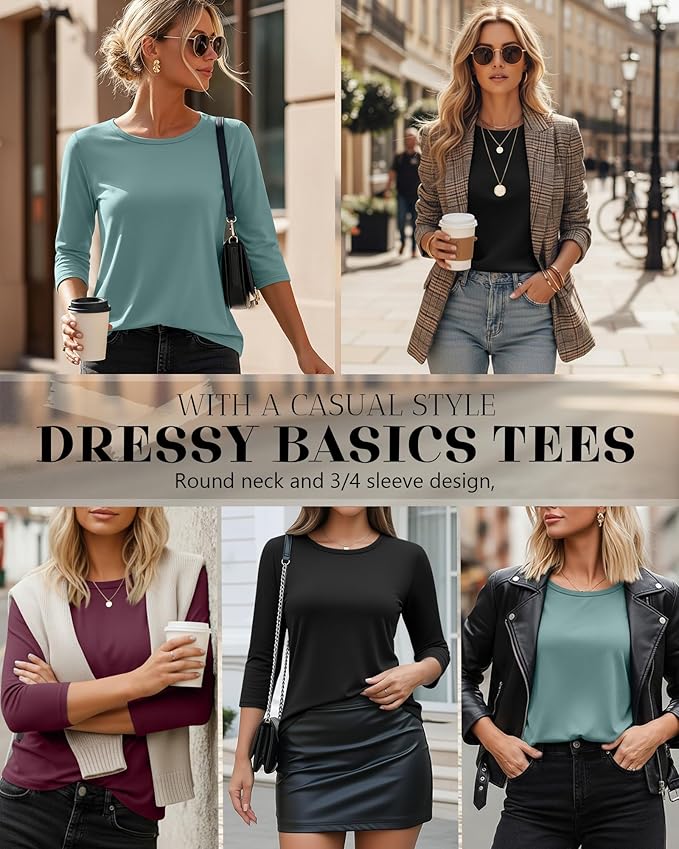 Ficerd 3 Pack 3/4 Sleeve Tops for Women Round Neck Dressy Basics Tees Casual Trendy Loose Fit T Shirts