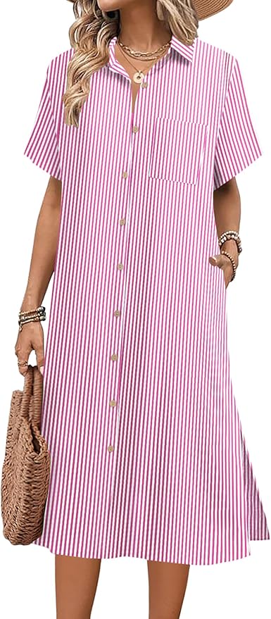 HOTOUCH Womens Dress Summer Casual Midi Short Sleeve Button Down Shirt Dresses Loose Beach Cover Up with Pockets