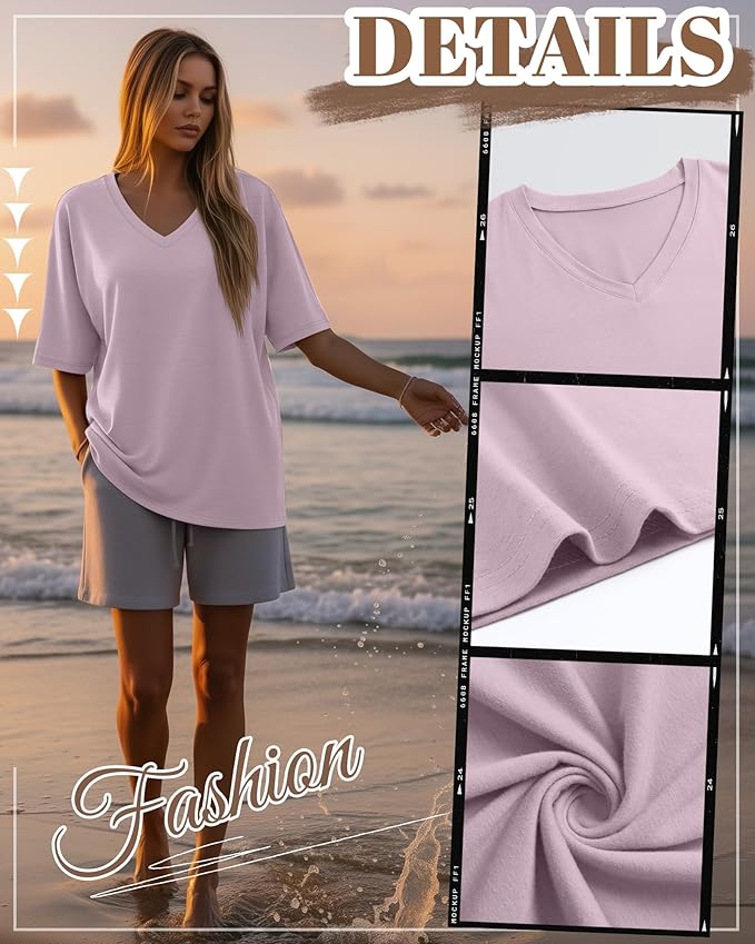 Huukeay Women's Cotton Oversized T Shirts 3 Pack V Neck Loose Fit Half Sleeve Tops Baggy Casual Summer Gym Workout Tees 2026