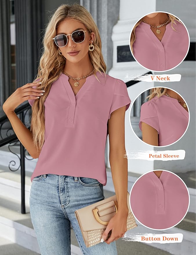 Blooming Jelly Women's Dressy Casual Tops Business Work Blouses White Button Down Shirts Cap Sleeve V Neck Tshirt