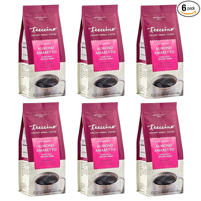 Teeccino Almond Amaretto Chicory Coffee Alternative - Ground Herbal Coffee That’s Prebiotic, Caffeine Free & Acid Free, Medium Roast, 11 Ounce (Pack of 6)